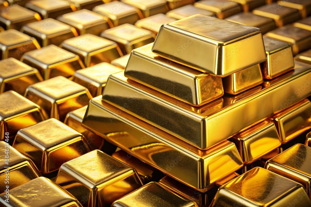 A stack of gold bars with one bar on top of the stack A stack of gold bars with one bar on top of the stack