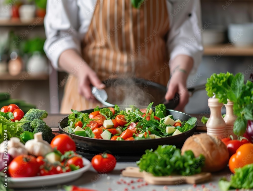 Live cooking show promoting food products on an internet marketplace, retail setting with copy space, focus on objects, deep depth of field. Live cooking show promoting food products on an internet marketplace, retail setting with copy space, focus on objects, deep depth of field.