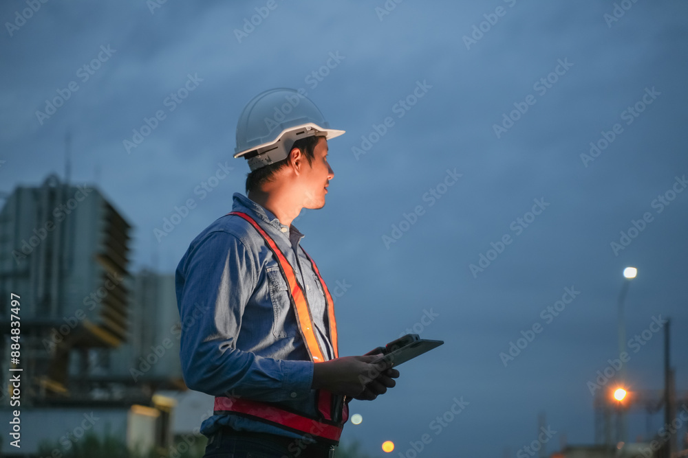 Obraz premium Engineering man working with digital tablet on power plant working site at night time.