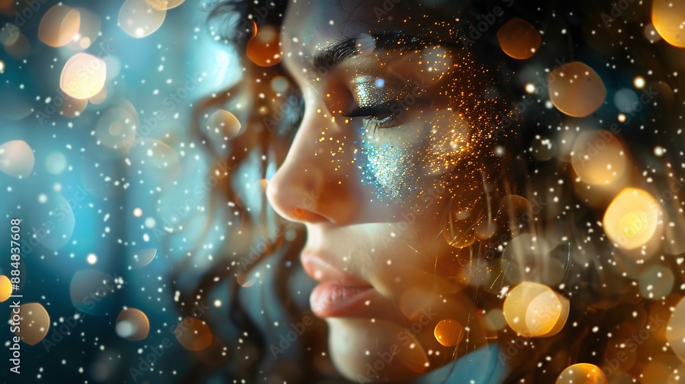 Mysterious woman with sparkles and bokeh lights in artistic image Mysterious woman with sparkles and bokeh lights in artistic image