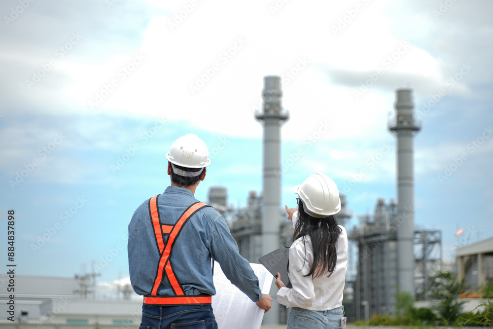 Planning engineering and project leader working and check Plans at Industrial Site on power plant. Survey location on site. Planning engineering and project leader working and check Plans at Industrial Site on power plant. Survey location on site.