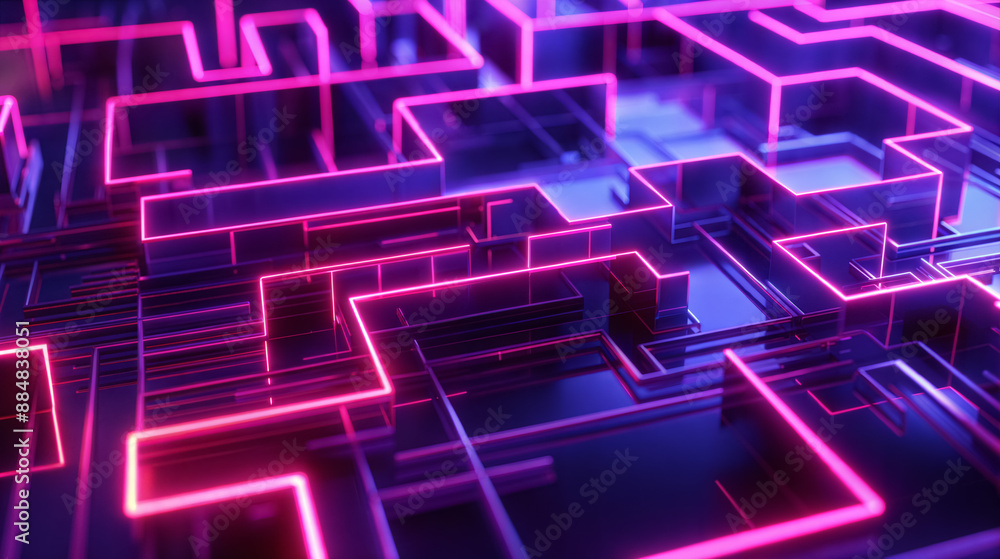 Neon pink and blue geometric maze with glowing edges. Futuristic abstract background. Neon pink and blue geometric maze with glowing edges. Futuristic abstract background.