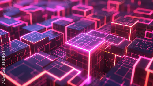 Neon pink and blue geometric maze with glowing edges. Futuristic abstract background.