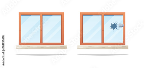Window with broken glass vector isolated on white background.