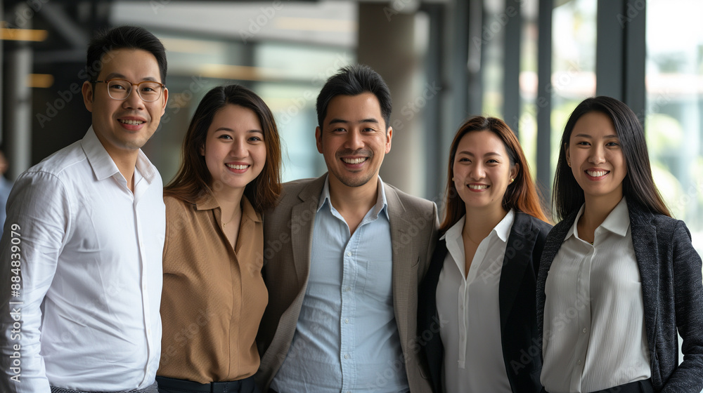 Asian Business team looking at camera in modern office background. Asian Business team looking at camera in modern office background.