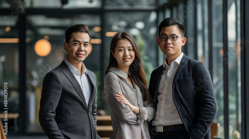 Asian Business team looking at camera in modern office background. photo