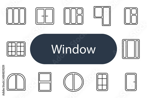 Window set icon. Sliding, double-hung, casement, bay, awning, picture, transom, arch, round, tilt, sash, hopper, jalousie, grid, frame.