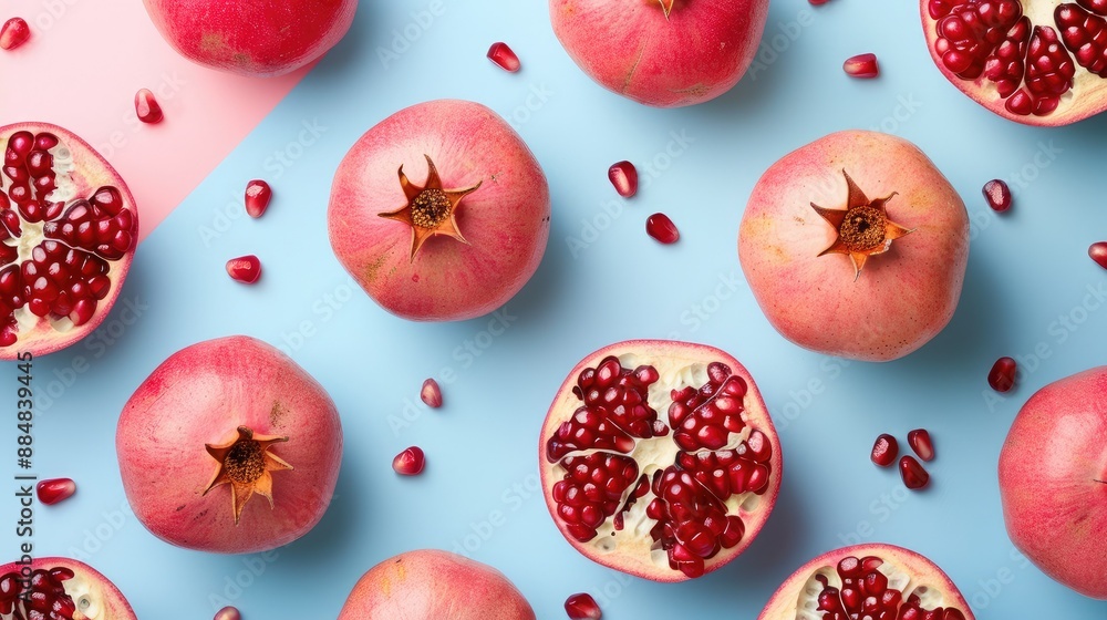 whole and halved pomegranates on a pastel background whole and halved pomegranates on a pastel background