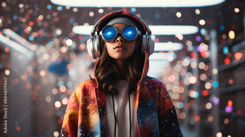 generated illustration of Young woman with a MR headset and experiencing virtual reality generated illustration of Young woman with a MR headset and experiencing virtual reality