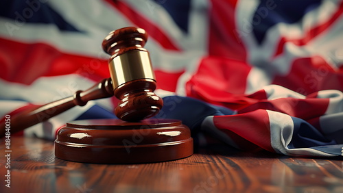 Judge wooden gavel with British flag in the background. photo