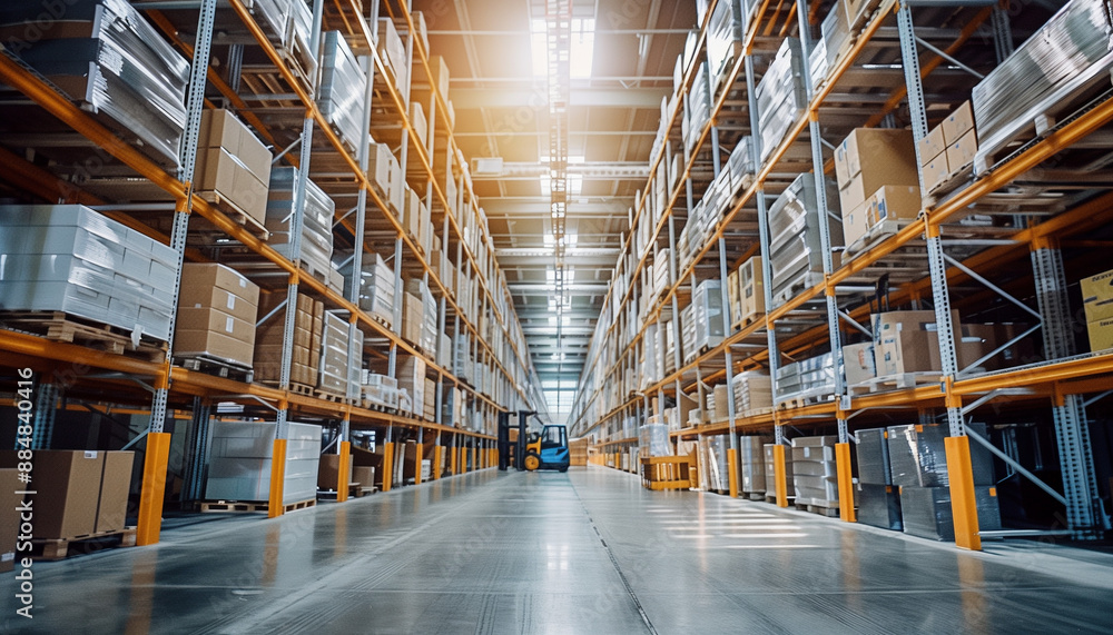 Modern warehouse with high shelves filled with various boxes and packages, forklift in the background. Logistics, inventory management, supply chain, e-commerce, industrial storage solutions. Modern warehouse with high shelves filled with various boxes and packages, forklift in the background. Logistics, inventory management, supply chain, e-commerce, industrial storage solutions.
