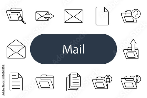 Mail set icon. Folder, envelope, document, outbox, inbox, paper, stamp, letter, email, message, attachment, mail, communication, post, correspondence.