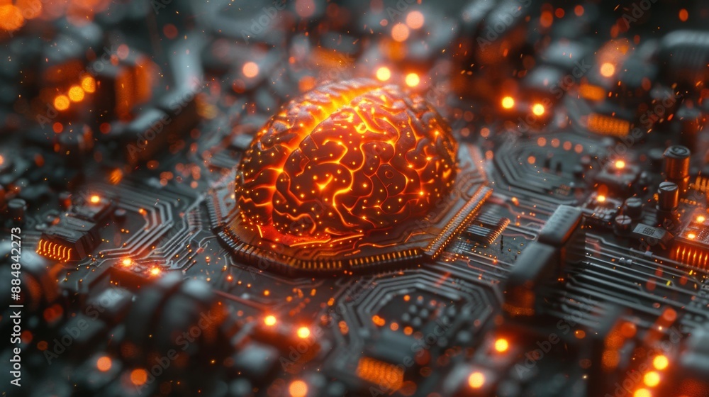 Glowing brain on circuit board - futuristic technology - generative ai Glowing brain on circuit board - futuristic technology - generative ai