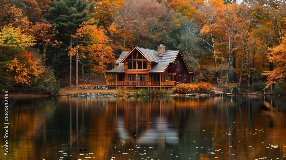 Log cabin by the lake in the woods, reflecting on the water in fall; a secluded lake house getaway. Log cabin by the lake in the woods, reflecting on the water in fall; a secluded lake house getaway.