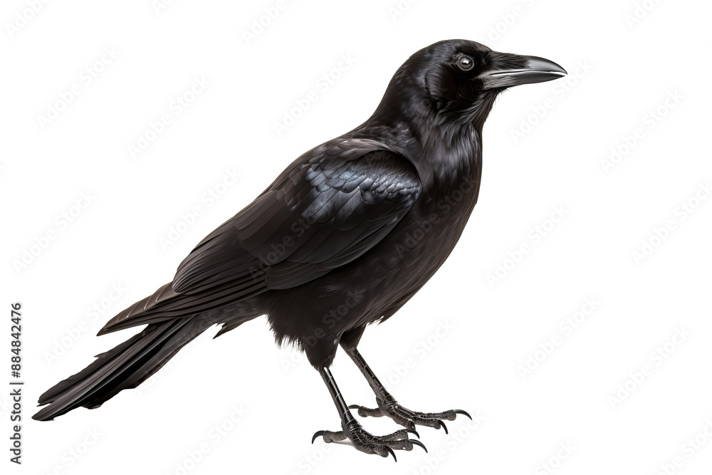 Obraz premium High-resolution image of a crow with wings slightly spread, isolated on a transparent background, perfect for graphic design and artistic projects.