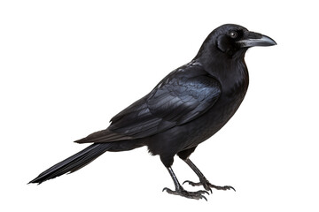 High-resolution image of a crow with wings slightly spread, isolated on a transparent background, perfect for graphic design and artistic projects.