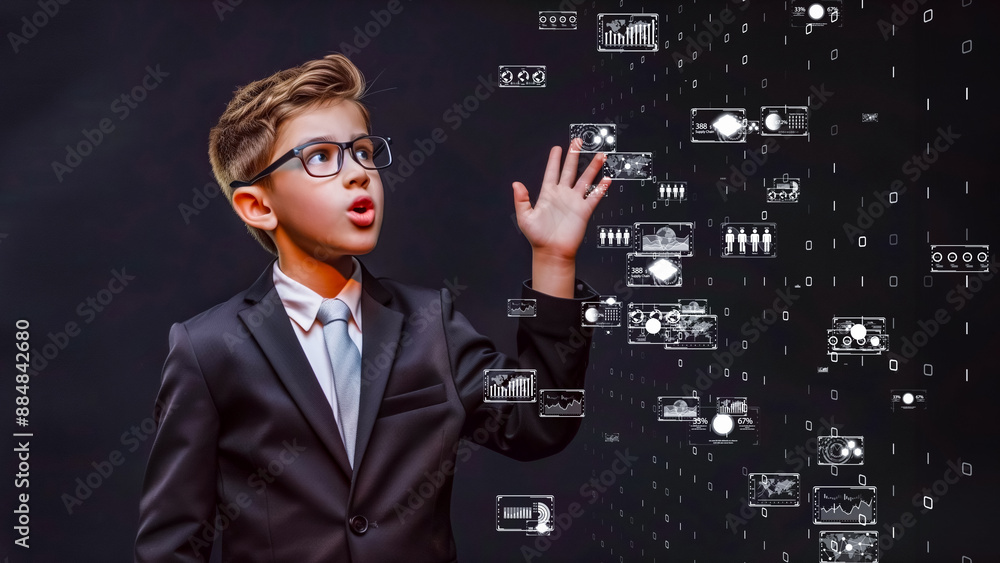 Kid in formal attire using advanced technology, modern business concept Kid in formal attire using advanced technology, modern business concept