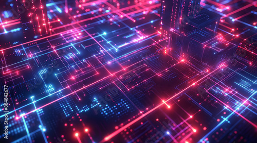 Neon pink and blue circuit board with glowing pathways. Futuristic technology concept abstract background.