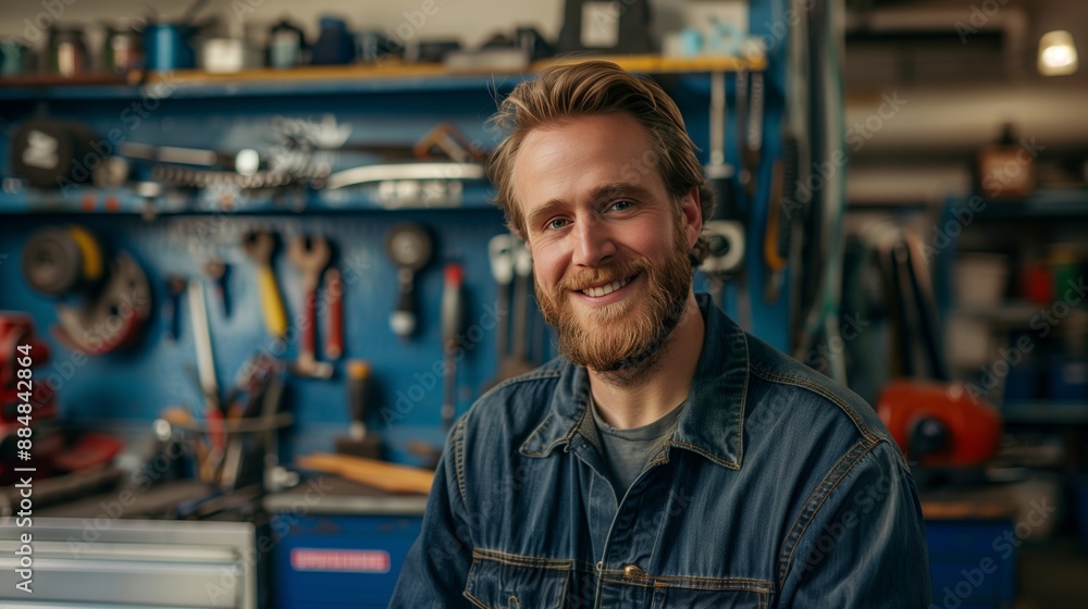 Portrait of smiling mechanic in a garage with tools on a blue wall Portrait of smiling mechanic in a garage with tools on a blue wall