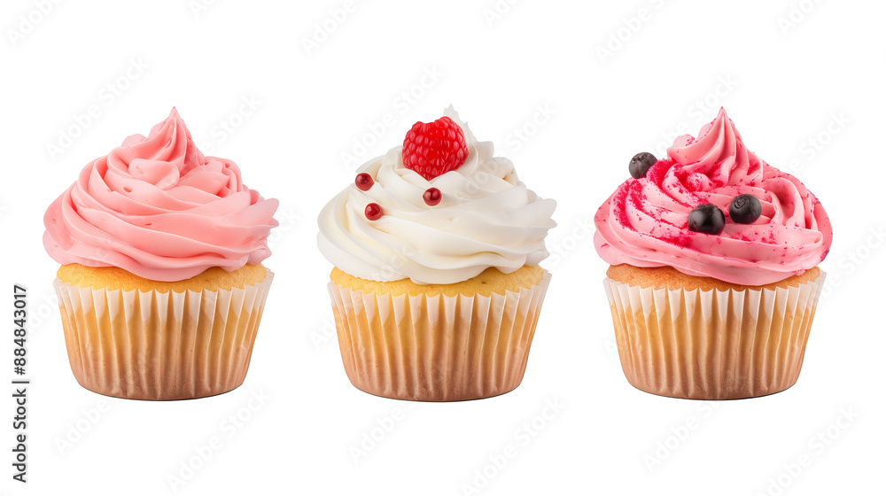 Assorted cupcake muffins with various icing and frosting flavors isolated on transparent background, mockup template for artwork design. PNG cutout. Assorted cupcake muffins with various icing and frosting flavors isolated on transparent background, mockup template for artwork design. PNG cutout.