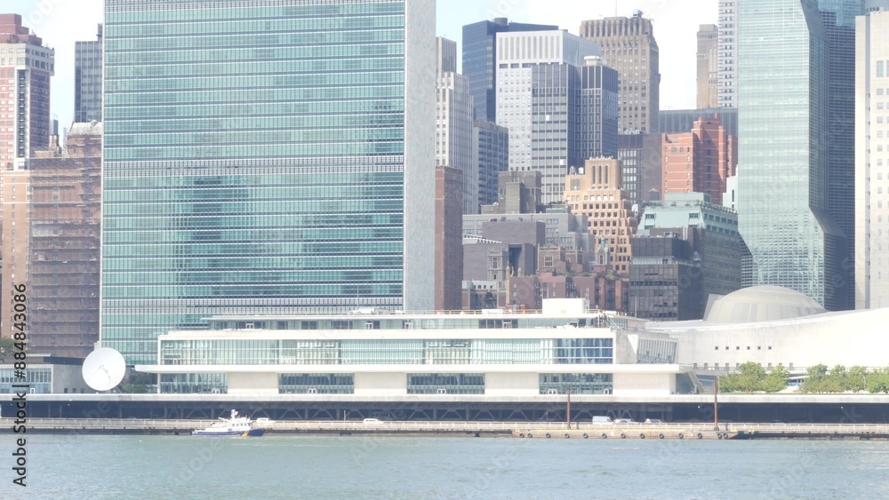 New York City waterfront skyline, Manhattan Midtown buildings ...