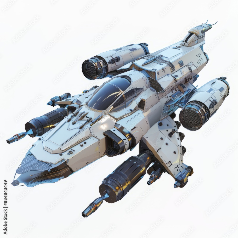 3D Render, Low Poly style of interstellar spaceship with multiple engines, on isolated white background, Generative AI 3D Render, Low Poly style of interstellar spaceship with multiple engines, on isolated white background, Generative AI