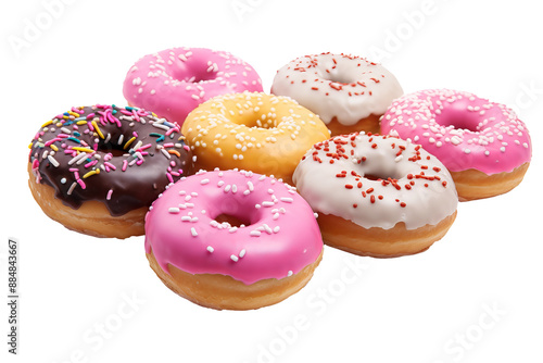 Assorted colorful donuts with sprinkles and frosting on a transparent PNG background for food and bakery design projects