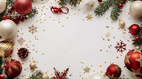 Christmas and New Year background with white, red and gold balls. photo