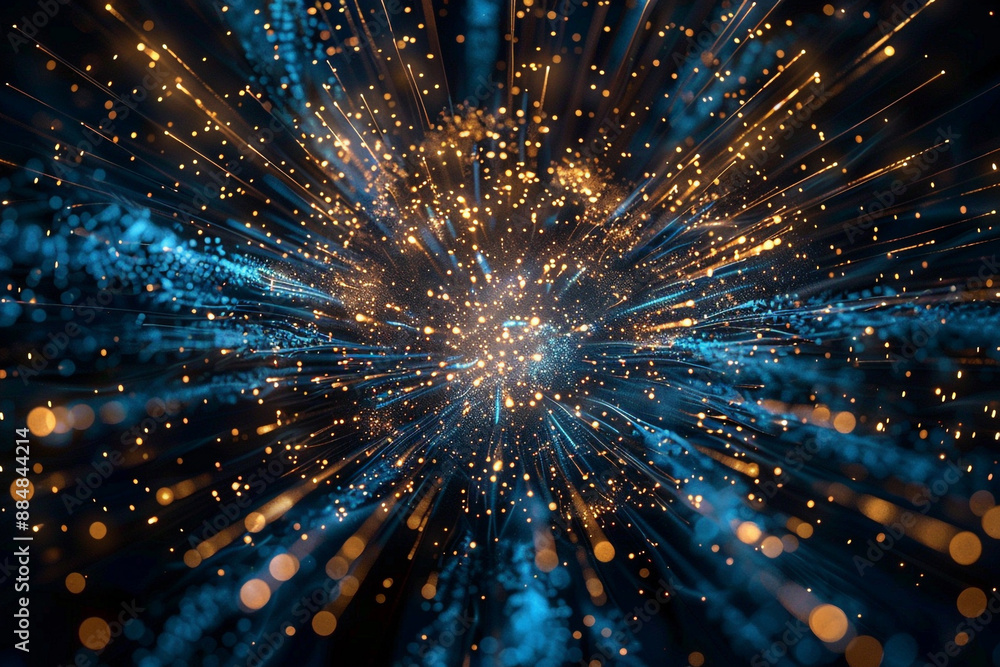 A burst of blue and gold particles resembling a firework display, with each particle exploding outward and leaving a trail of shimmering light in the darkness A burst of blue and gold particles resembling a firework display, with each particle exploding outward and leaving a trail of shimmering light in the darkness