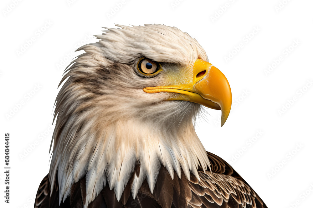 Obraz premium American bald eagle in majestic flight with wings spread wide, isolated on a transparent background, ideal for patriotic, wildlife, and nature-themed projects and designs.