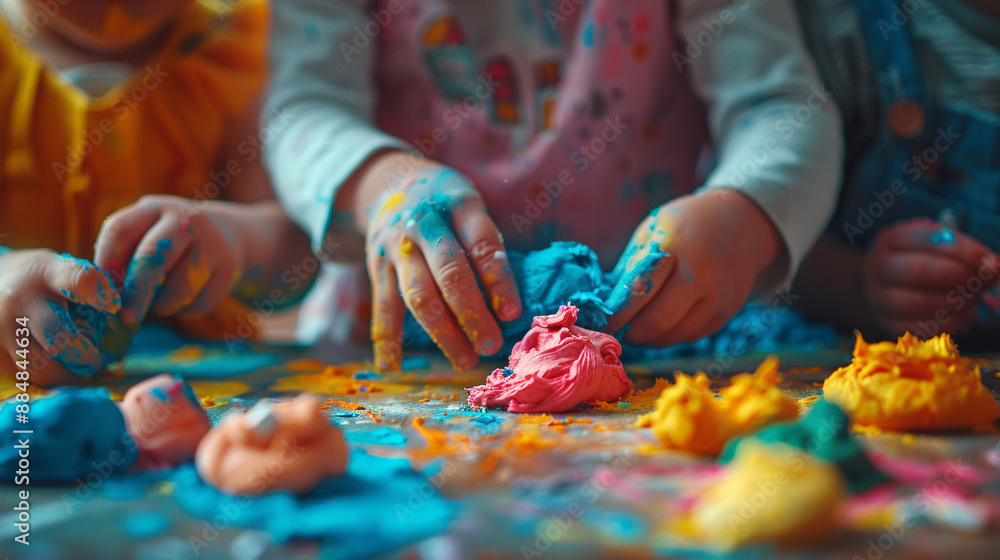Children making homemade playdough in various colors, kneading and shaping it into fun forms. Children making homemade playdough in various colors, kneading and shaping it into fun forms.