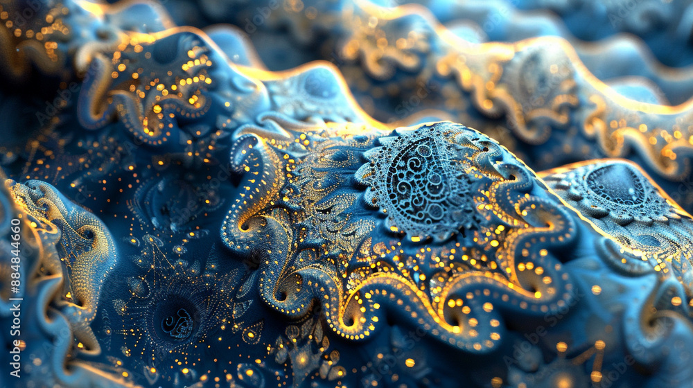 A close-up of intricate blue and gold fractal patterns, resembling a shimmering, otherworldly tapestry, glowing softly. A close-up of intricate blue and gold fractal patterns, resembling a shimmering, otherworldly tapestry, glowing softly.