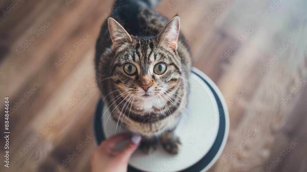 Adorable tabby cat looking up curiously while sitting on a stool, with a person's hand in the foreground for a cute interaction moment. Adorable tabby cat looking up curiously while sitting on a stool, with a person's hand in the foreground for a cute interaction moment.