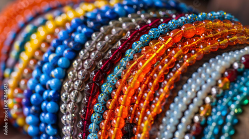 Bead bracelets and necklaces threaded with colorful beads.