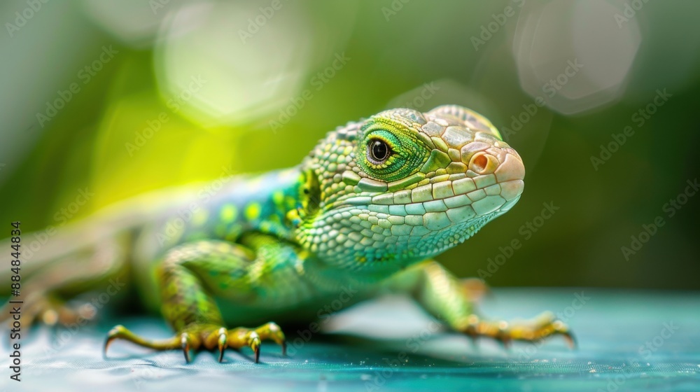 Close-up of a vibrant green lizard with intricate patterns on its skin, basking under natural sunlight with a blurred green background. Close-up of a vibrant green lizard with intricate patterns on its skin, basking under natural sunlight with a blurred green background.