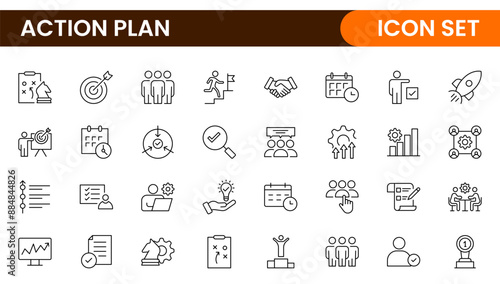 Line icons about action plan. Contains such icons as search strategy, target, scheme, timeline and workflow.Action plan set of web icons in line style. Strategy action planning icons.