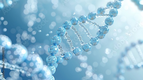 Close-up of DNA double helix molecule in blue with bokeh background, representing medical research and genetic science.