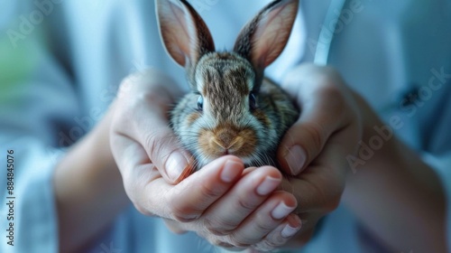 Gentle hands holding a small bunny against a blurred background, showcasing care and tenderness in animal handling. photo