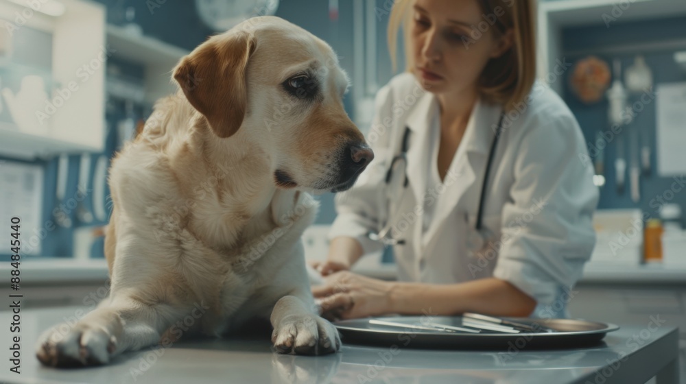 Veterinarian examining a Labrador Retriever in a clinic, caring for the dog and ensuring its health, close-up view. Veterinarian examining a Labrador Retriever in a clinic, caring for the dog and ensuring its health, close-up view.