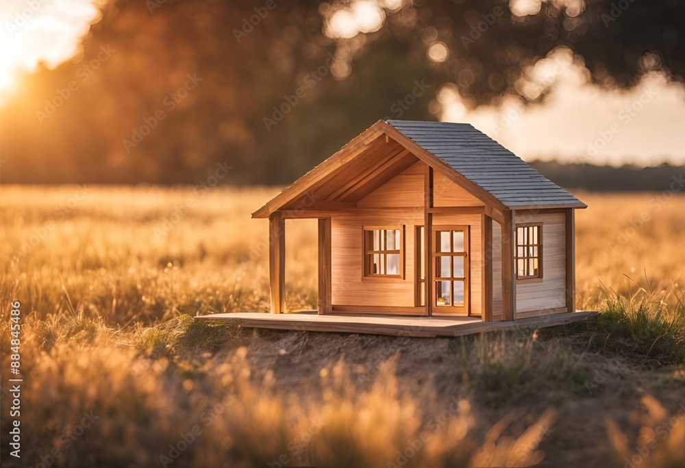 Wooden model house in a sunset field, perfect for construction and real estate themes, with open space for text or images, ideal for copyspace Wooden model house in a sunset field, perfect for construction and real estate themes, with open space for text or images, ideal for copyspace