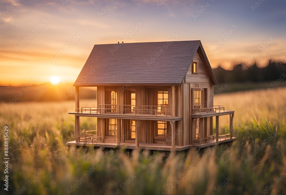 Wooden model house in a sunset field, perfect for construction and real estate themes, with open space for text or images, ideal for copyspace Wooden model house in a sunset field, perfect for construction and real estate themes, with open space for text or images, ideal for copyspace