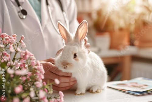 A veterinarian gently examines a white rabbit in a clinic, surrounded by pink flowers and books. Bright and warm setting.
