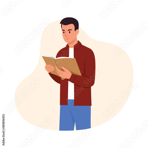 Vector illustration of a boy reading an open book.Cartoon scene of a guy standing and holding an open book in his hands,wearing a brown shirt, white t-shirt,blue pants isolated on a white background.