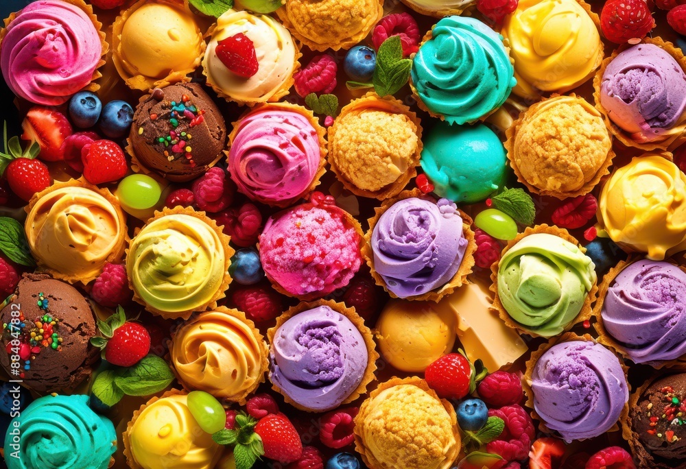 Fototapeta premium vibrant rolled ice cream delight toppings colorful display, dessert, sweet, delicious, creamy, fruity, refreshing, frozen, treat, milk, cold, flavors