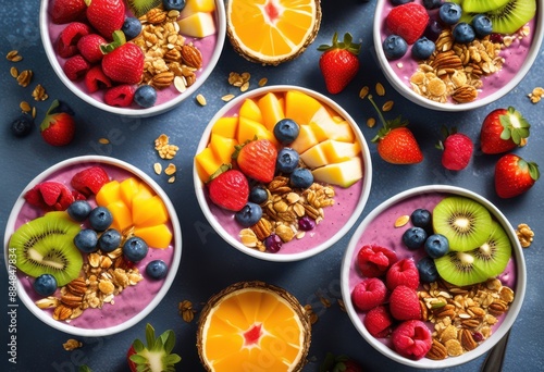 vibrant fruit smoothie bowls crunchy granola healthy breakfast, acai, almond, antioxidant, appetizing, banana, berries, blackberry, blended, blueberries