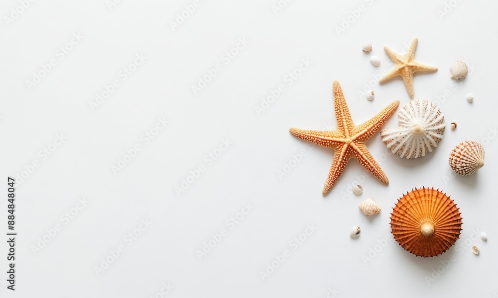 Starfish and seashells arranged on a white background Starfish and seashells arranged on a white background