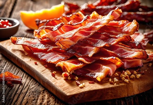 crispy bacon strips rustic platter delicious sizzling pork breakfast meat presentation, cooked, smoked, display, crunchy, juicy, savory, tasty, food, dish, plate, hot, photo