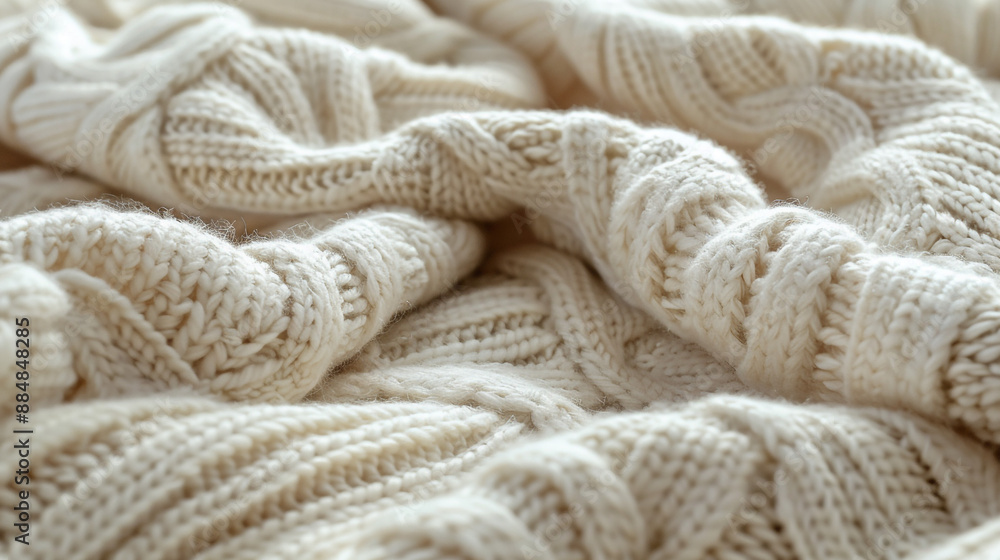 A detailed image of a knit fabric with a chunky cable knit pattern in a soft cream color. A detailed image of a knit fabric with a chunky cable knit pattern in a soft cream color.