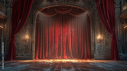 Red velvet curtains in an old theatre stage.