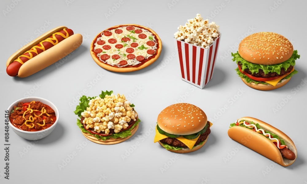 Assortment of fast food in a flat lay arrangement Assortment of fast food in a flat lay arrangement
